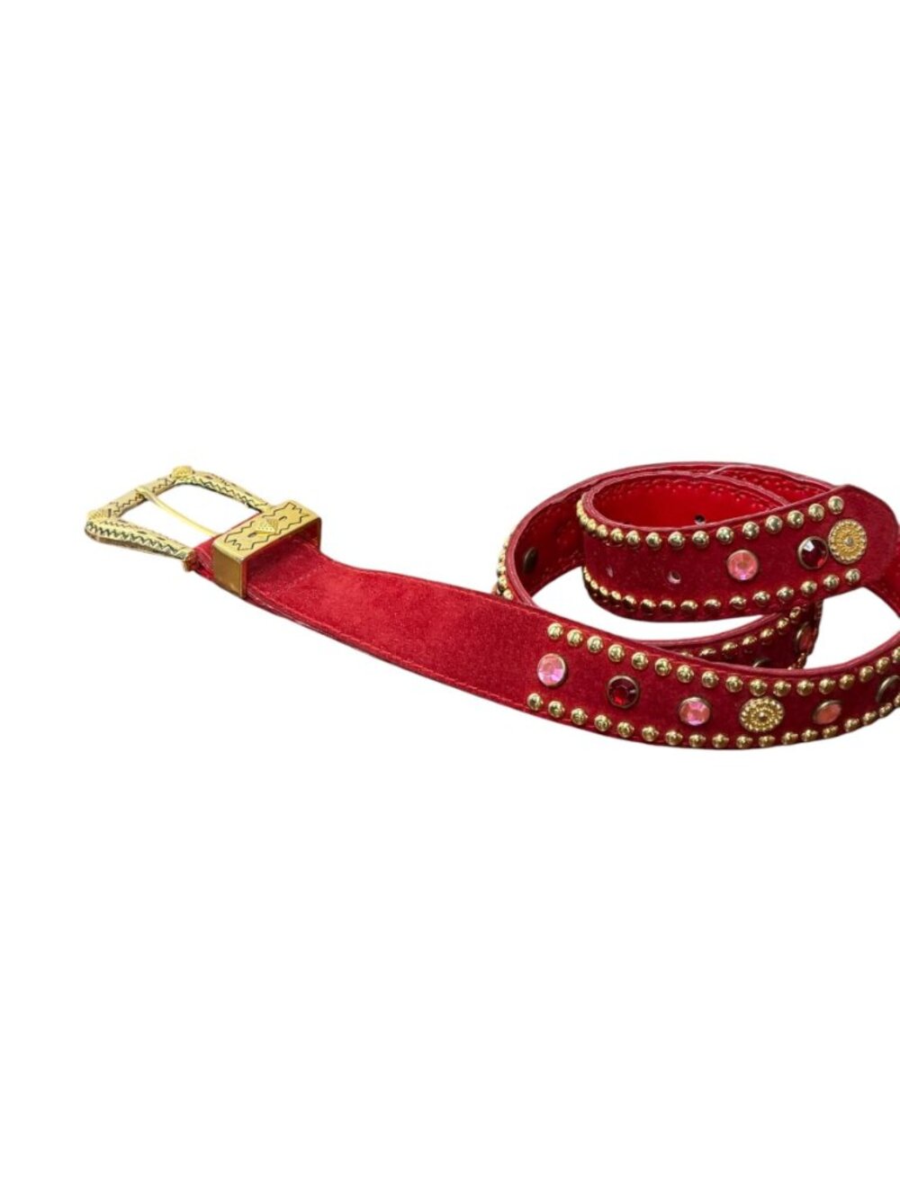 1990s bejeweled leather suede belt red with gold buckle by Gail Labelle Size S - Picture 3 of 10